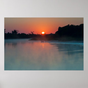 Boat At Sunrise On The River Poster