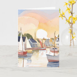 Boat Bay Coastal Ocean Watercolor Painting Card