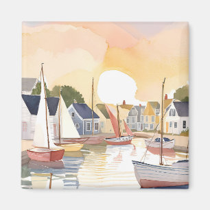 Boat Bay Coastal Ocean Watercolor Painting Magnet