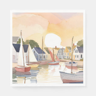 Boat Bay   Coastal Ocean Watercolor Painting Napkin