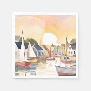 Boat Bay   Coastal Ocean Watercolor Painting Napkin