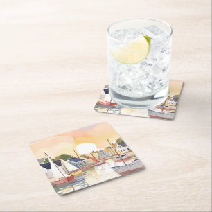 Boat Bay   Coastal Ocean Watercolor Painting Square Paper Coaster