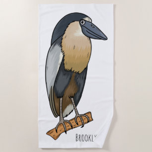 Boat-billed heron bird cartoon illustration beach towel