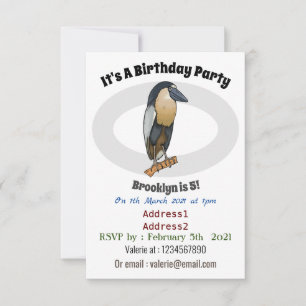 Boat-billed heron bird cartoon illustration invitation