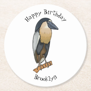 Boat-billed heron bird cartoon illustration round paper coaster