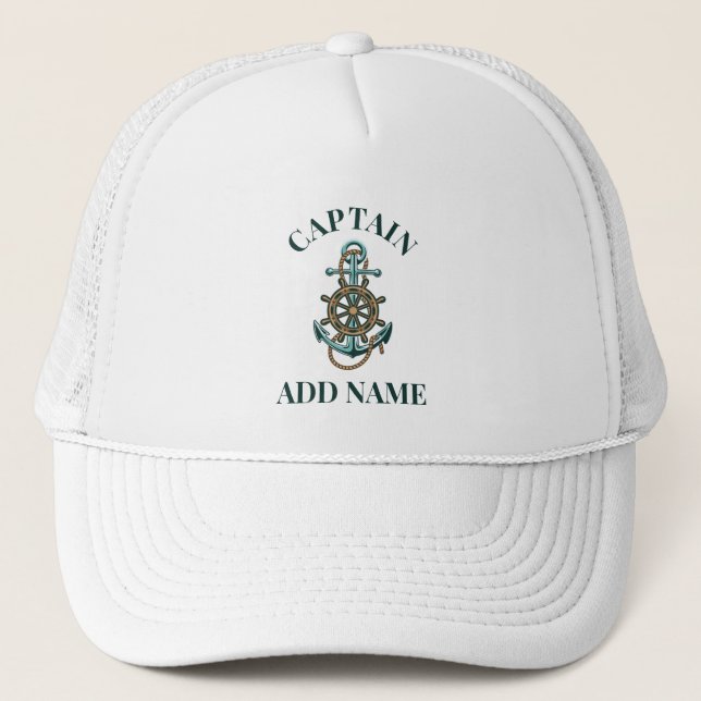 Boat Captain Add Your Name Nautical Anchor Trucker Hat (Front)
