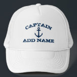 Boat captain hats with nautical anchor and name<br><div class="desc">Boat captain hat with nautical anchor and custom name. Vintage typography template for sailor. Make your own personalised hat for sailing / boating. Navy blue ship anchor symbol with grungy text. Cute Birthday or Fathers Day gift idea for men. Make your own for dad, uncle, father, brother, husband etc. Custom...</div>