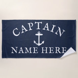 Boat Captain Name Nautical Anchor Navy Blue Beach Towel
