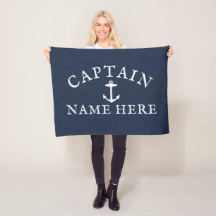Boat Captain Name Nautical Anchor Navy Blue Fleece Blanket