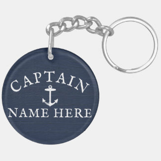 Boat Captain Name Nautical Anchor Navy Blue Key Ring