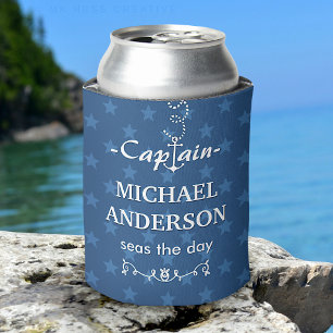 Boat Captain Nautical Anchor Custom Name   Blue Can Cooler