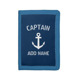 Boat captain navy blue nautical anchor custom mens tri-fold wallet