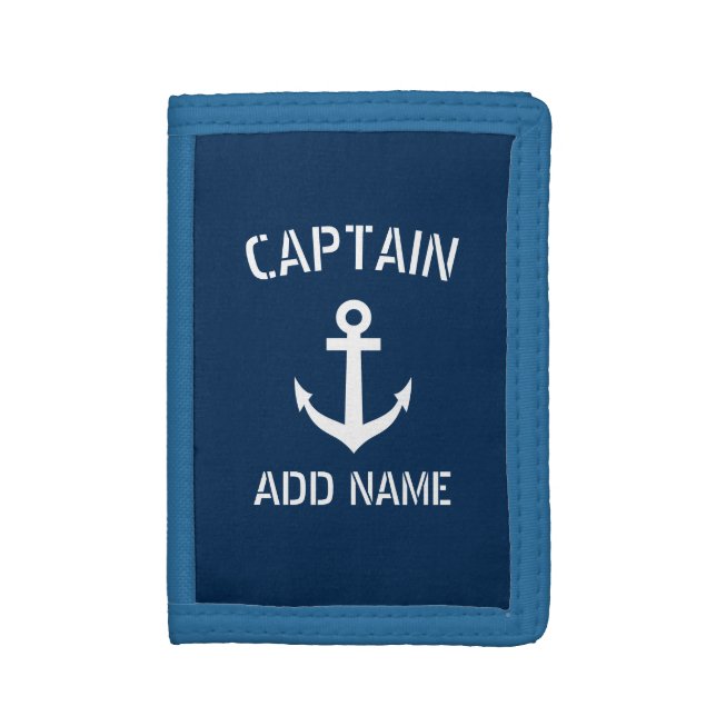 Boat captain navy blue nautical anchor custom mens tri-fold wallet (Front Vertical)