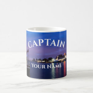 Boat captain on illuminated harbor background coffee mug