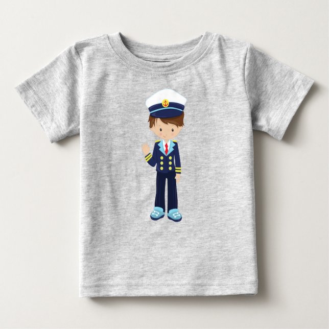 Boat Captain, Skipper, Cute Boy, Brown Hair Baby T-Shirt (Front)