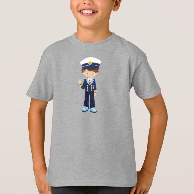 Boat Captain, Skipper, Cute Boy, Brown Hair T-Shirt (Front)