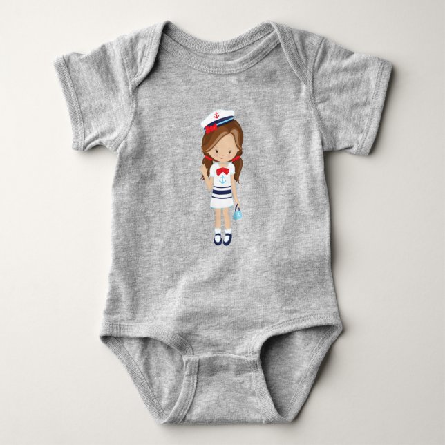 Boat Captain, Skipper, Cute Girl, Brown Hair Baby Bodysuit (Front)