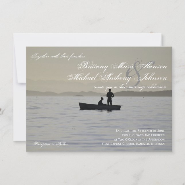 Boat & Couple Silhouette Lake Wedding Invitation (Front)