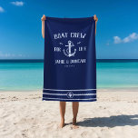 Boat Crew For Life Nautical Modern Custom Name Beach Towel<br><div class="desc">Boat crew for Life! Modern anchor beach towel in classic nautical navy blue and white showcasing your names and date surrounded by rope details. Great gift for boat lovers for Valentine's day,  newlyweds,  weddings,  vow renewals,  or anniversaries.</div>