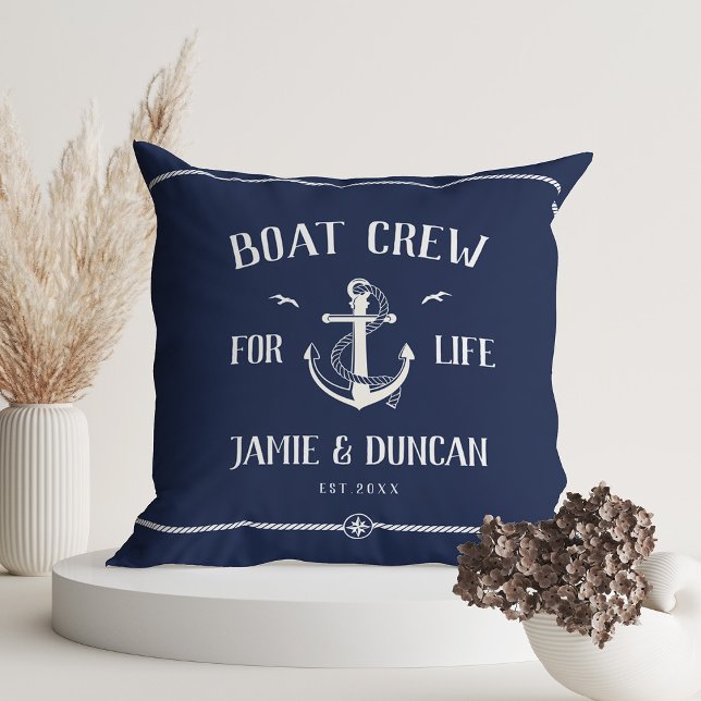 Boat Crew For Life Nautical Modern Custom Name Cushion (Great gift for boat lovers for Valentine's day, newlyweds, weddings)