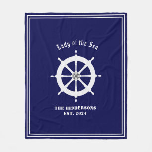 Boat helm with compass rose Customizable Navy blue Fleece Blanket