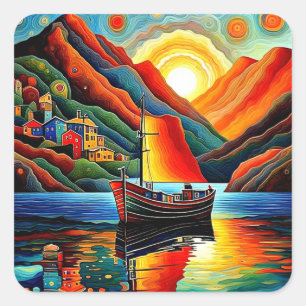 Boat in fjord  12 square sticker