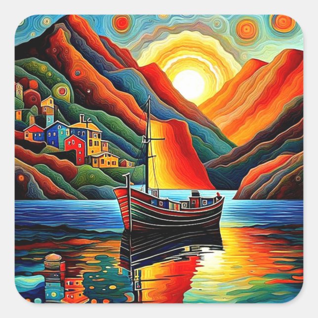 Boat in fjord  12 square sticker (Front)