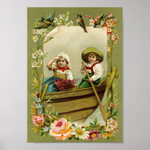 Boat Kids Flowers Birds Vintage Art Print