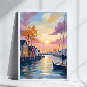 Boat Marina Coastal Bay Watercolor Painting Poster