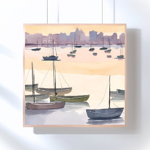 Boat Marina   Watercolor Ocean Bay Poster