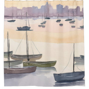 Boat Marina   Watercolor Ocean Bay Shower Curtain