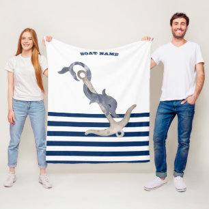  Boat Name,Anchor Dolphin Navy Blue White Stripes  Fleece Blanket