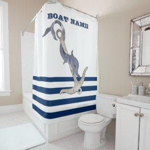 Boat Name,Anchor Dolphin Navy Blue White Stripes  Shower Curtain