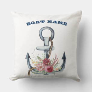 Boat Name,Anchor Flowers Navy Blue Stripe Cushion