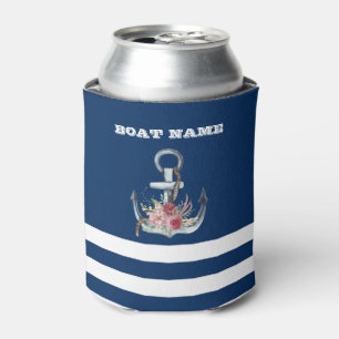  Boat Name,Anchor Flowers Navy Blue Striped Can Cooler