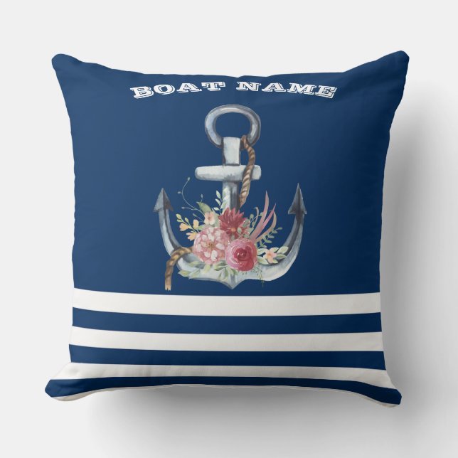  Boat Name,Anchor Flowers Navy Blue Striped Cushion (Front)