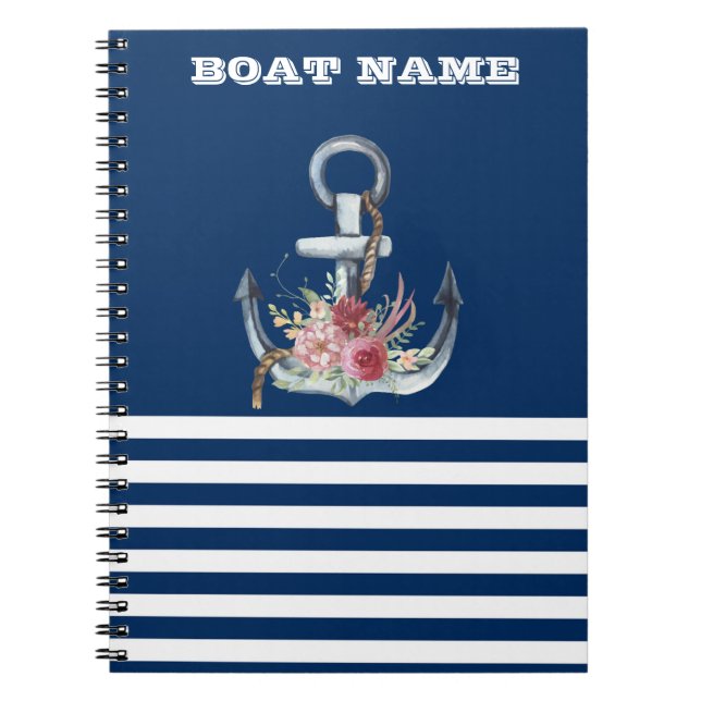  Boat Name,Anchor Flowers Navy Blue Striped Notebook (Front)