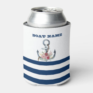  Boat Name,Anchor Flowers Navy Blue Stripes  Can Cooler
