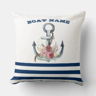 Boat Name,Anchor Flowers Navy Blue Stripes Cushion