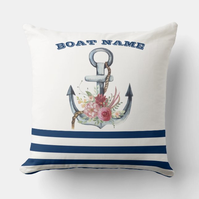  Boat Name,Anchor Flowers Navy Blue Stripes  Cushion (Front)