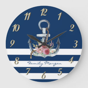 Boat Name,Anchor Flowers Navy Blue Stripes Large Clock