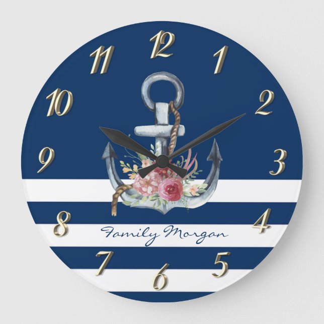  Boat Name,Anchor Flowers Navy Blue Stripes  Large Clock (Front)