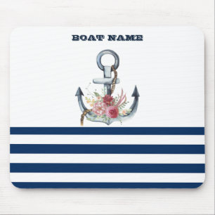 Boat Name,Anchor Flowers Navy Blue Stripes Mouse Pad