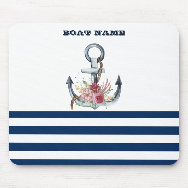  Boat Name,Anchor Flowers Navy Blue Stripes  Mouse Pad (Front)