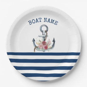  Boat Name,Anchor Flowers Navy Blue Stripes  Paper Plate