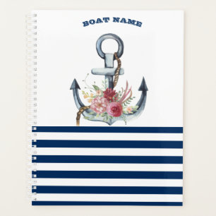 Boat Name,Anchor Flowers Navy Blue Stripes Planner
