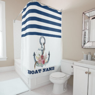 Boat Name,Anchor Flowers Navy Blue Stripes  Shower Curtain