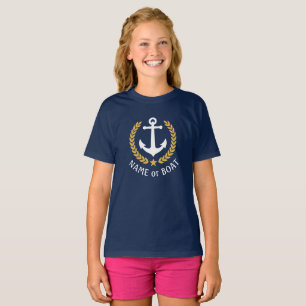 Boat Name Anchor Gold Laurel Leaves Navy Girls T-Shirt