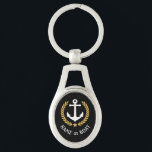Boat Name Anchor Gold Style Laurel and Star Black Key Ring<br><div class="desc">A Personalised metal keychain with your boat name,  family name or other desired text as needed. Featuring a custom designed nautical boat anchor,  gold style laurel leaves and star emblem on black or easily adjust the primary colour to match your current theme. Makes a great any occasion.</div>