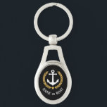 Boat Name Anchor Gold Style Laurel and Star Black Key Ring<br><div class="desc">A Personalised metal keychain with your boat name,  family name or other desired text as needed. Featuring a custom designed nautical boat anchor,  gold style laurel leaves and star emblem on black or easily adjust the primary colour to match your current theme. Makes a great any occasion.</div>